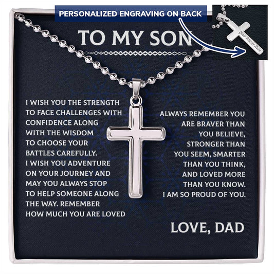 "To My Son" Engraved Cross Necklace from Dad - Perfect for Birthday or Graduation, A Gift of Love, Strength, and Wisdom