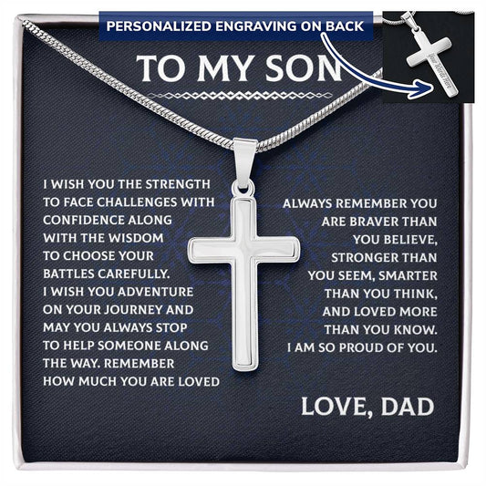 "To My Son" Engraved Cross Necklace from Dad - A Heartfelt Gift of Love, Strength, and Wisdom